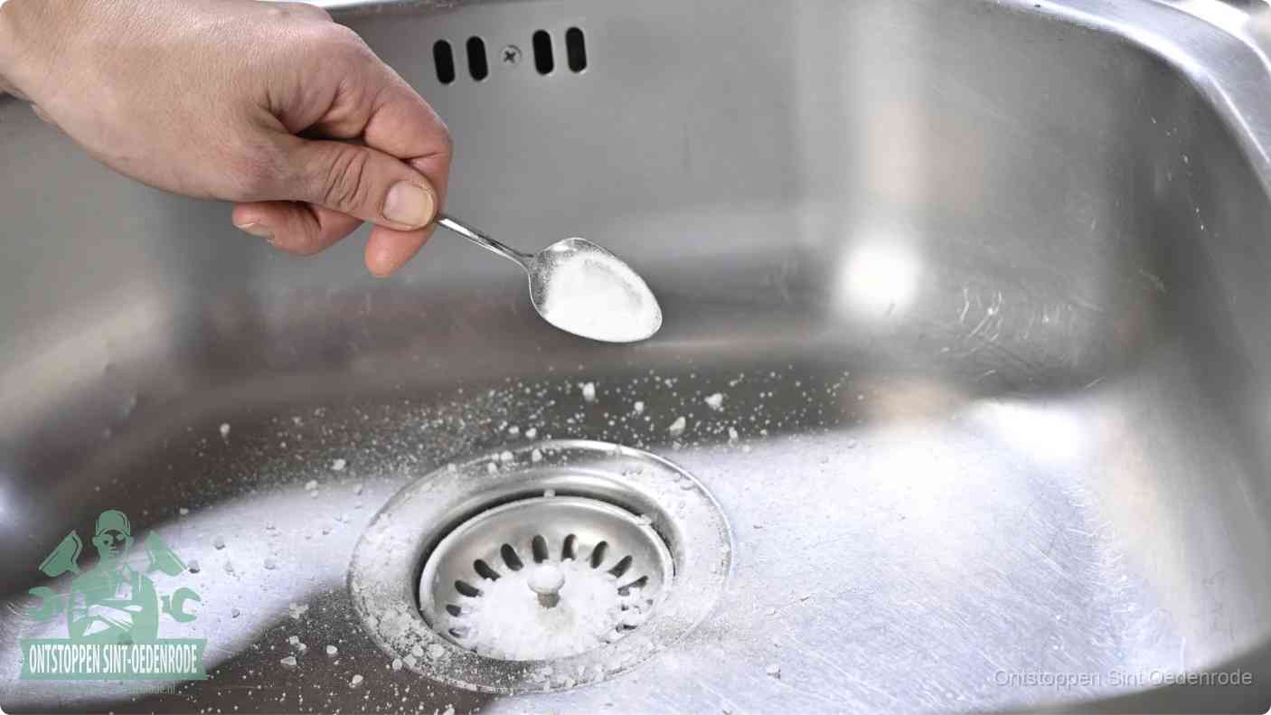 Een hand strooit met een lepel soda in de afvoer van een roestvrijstalen spoelbak, de soda en azijn huismiddel-methode om de afvoer te ontstoppen in Sint Oedenrode
