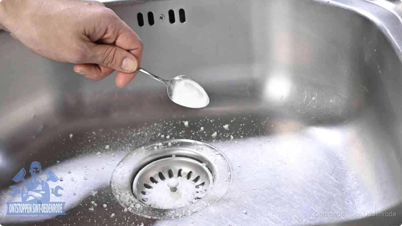 Een hand strooit met een lepel soda in het afvoerputje van een rvs spoelbak, de soda en azijn huismiddel-methode in Sint Oedenrode