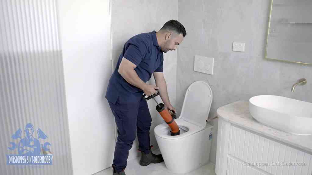 Een monteur buigt over een wandcloset en duwt met de hand een persluchtontstopper in de toiletpot om de verstopping handmatig los te maken in Sint Oedenrode