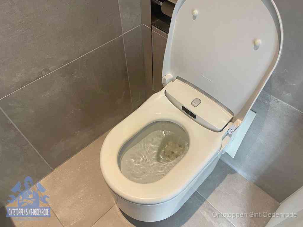 Een toiletpot vol troebel water met drijvend papier en restanten, de meest voorkomende oorzaak van een verstopte wc in Sint Oedenrode