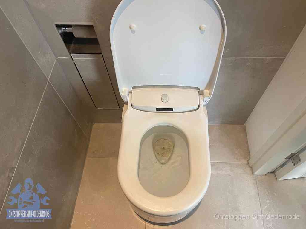 Een wit hangtoilet waarin een prop wc-papier op het water blijft drijven, een duidelijk signaal van een verstopte wc in Sint Oedenrode