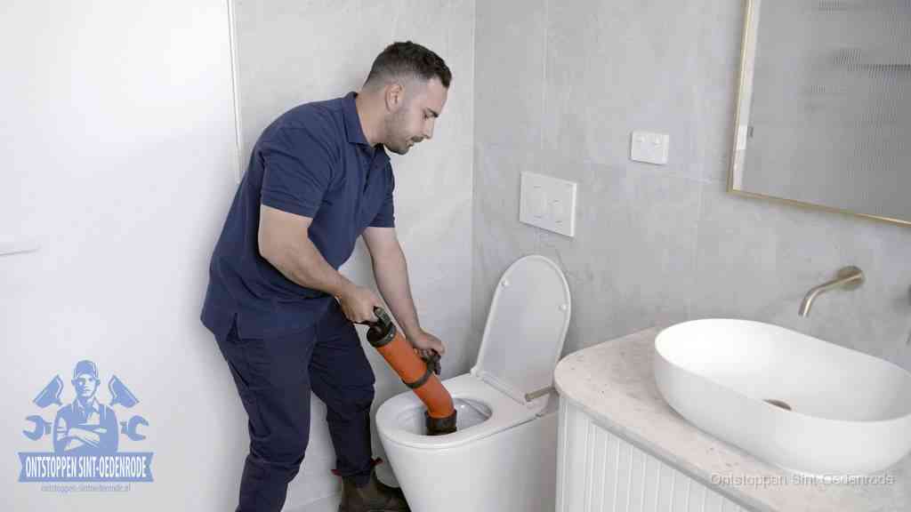 Een man gebruikt een handmatige luchtdruk-ontstopper in een modern betegeld toilet om zelf de wc te ontstoppen in Sint Oedenrode